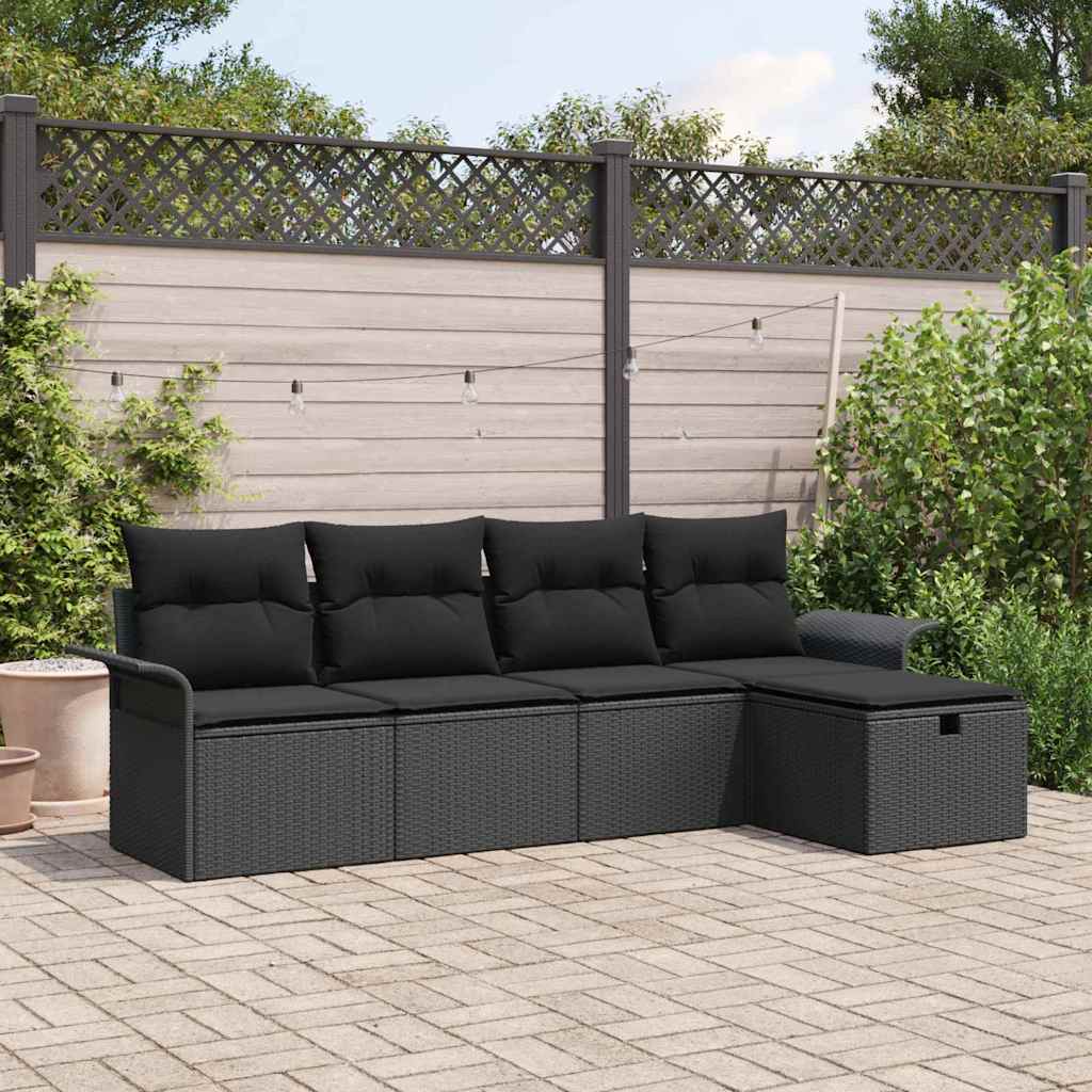 Tuinbankenset met kussen met opslag 5 pcs Zwart poly rattan