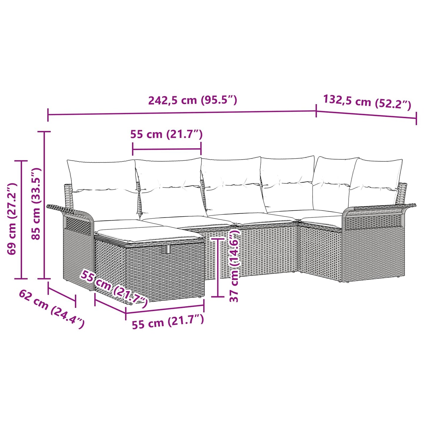 Tuin Sofa Set met kussen 6 pcs Grijs en Marineblauw poly rattan