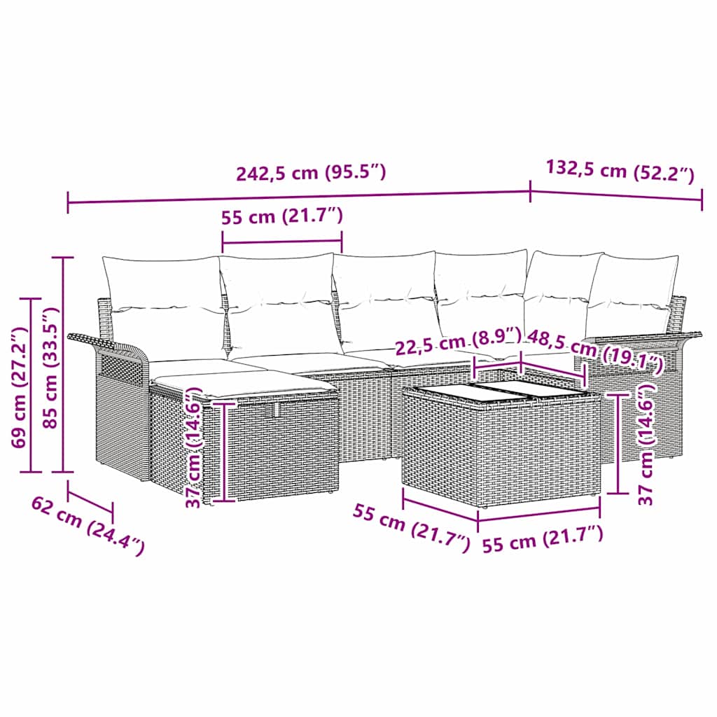 Tuin Sofa Set met kussen 7 pcs Zwart en Crème poly rattan