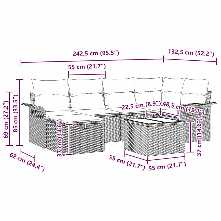 Tuin Sofa Set met kussen 7 pcs Zwart en Crème poly rattan
