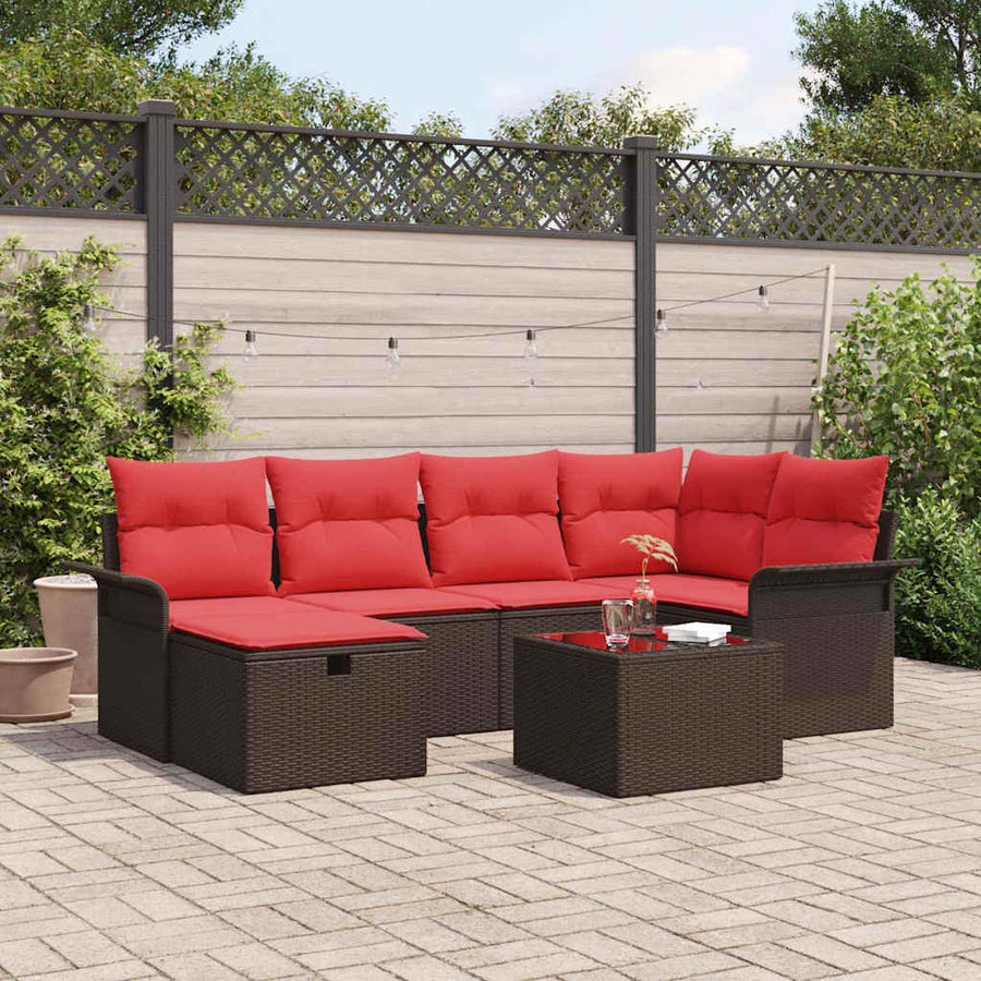 Tuin Sofa Set met kussen 7 pcs Bruin en Rood poly rattan