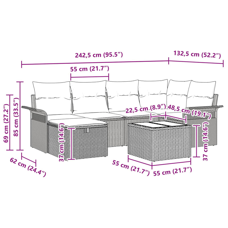 Tuin Sofa Set met kussen 7 pcs Bruin en Rood poly rattan