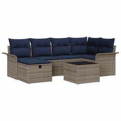 Tuin Sofa Set met kussen 7 pcs Grijs en Marineblauw poly rattan