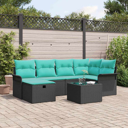 Tuin Sofa Set met kussen 7 pcs Zwart en Turquoise poly rattan