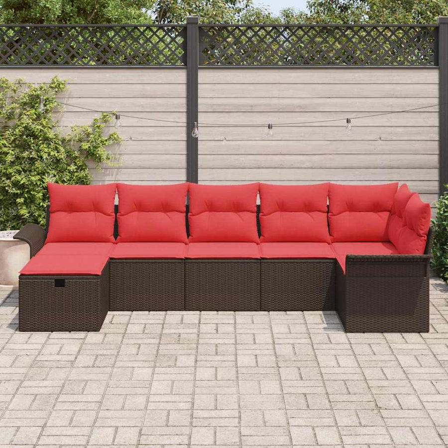 Tuin Sofa Set met kussen 7 pcs Bruin en Rood poly rattan