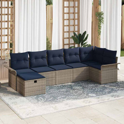 Tuin Sofa Set met kussen 7 pcs Grijs en Marineblauw poly rattan