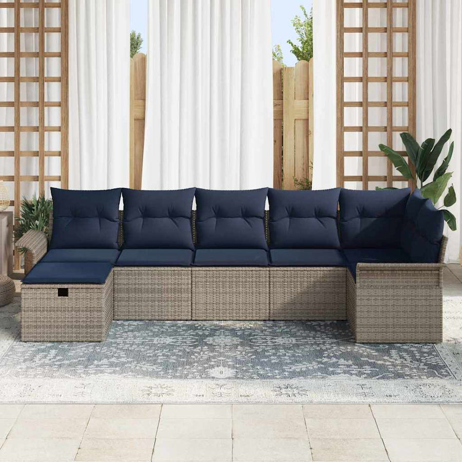 Tuin Sofa Set met kussen 7 pcs Grijs en Marineblauw poly rattan