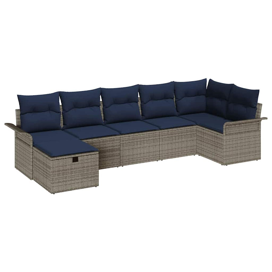 Tuin Sofa Set met kussen 7 pcs Grijs en Marineblauw poly rattan