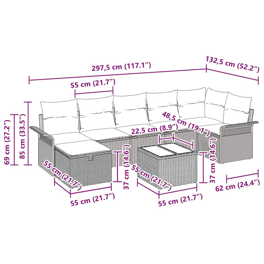 Tuin Sofa Set met kussen 8 pcs Beige en Licht Grijs poly rattan
