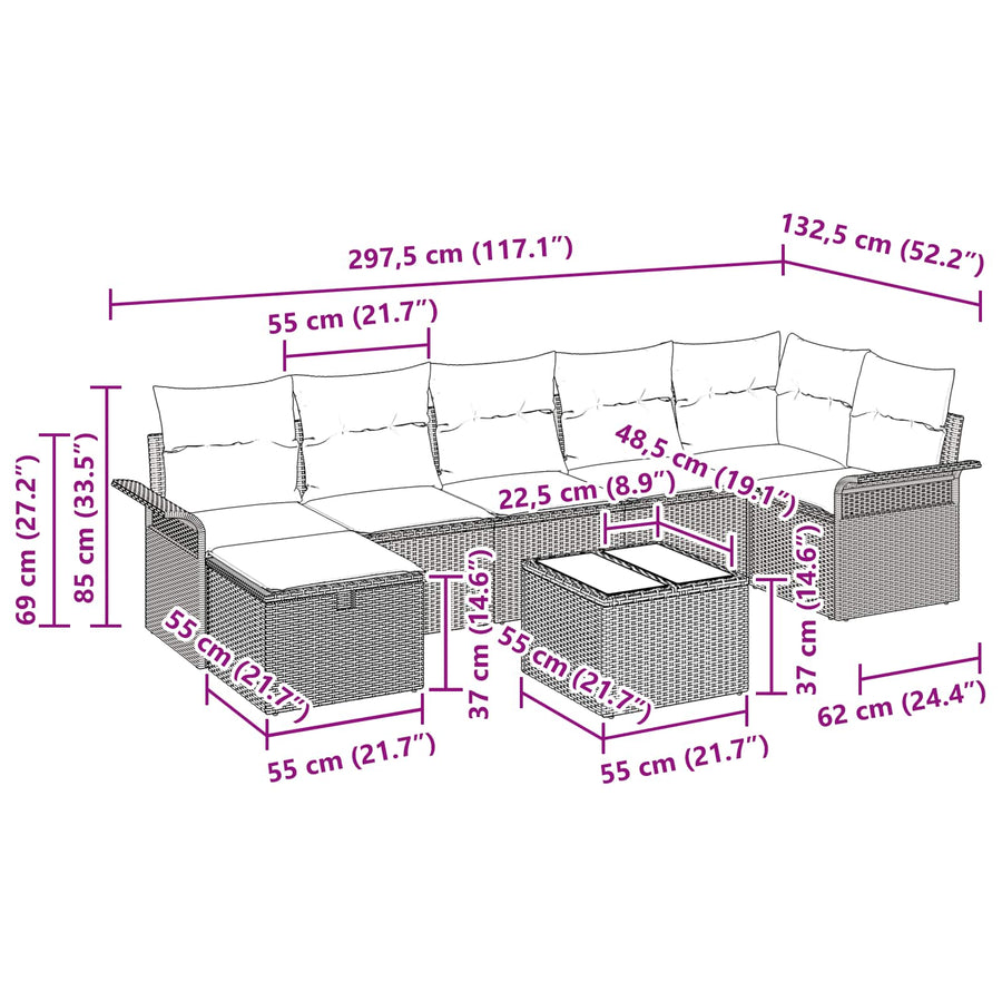 Tuin Sofa Set met kussen 8 pcs Bruin en Rood poly rattan