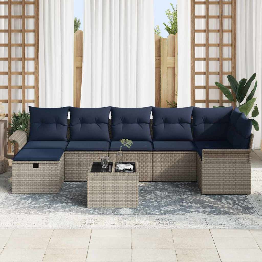 Tuin Sofa Set met kussen 8 pcs Grijs en Marineblauw poly rattan