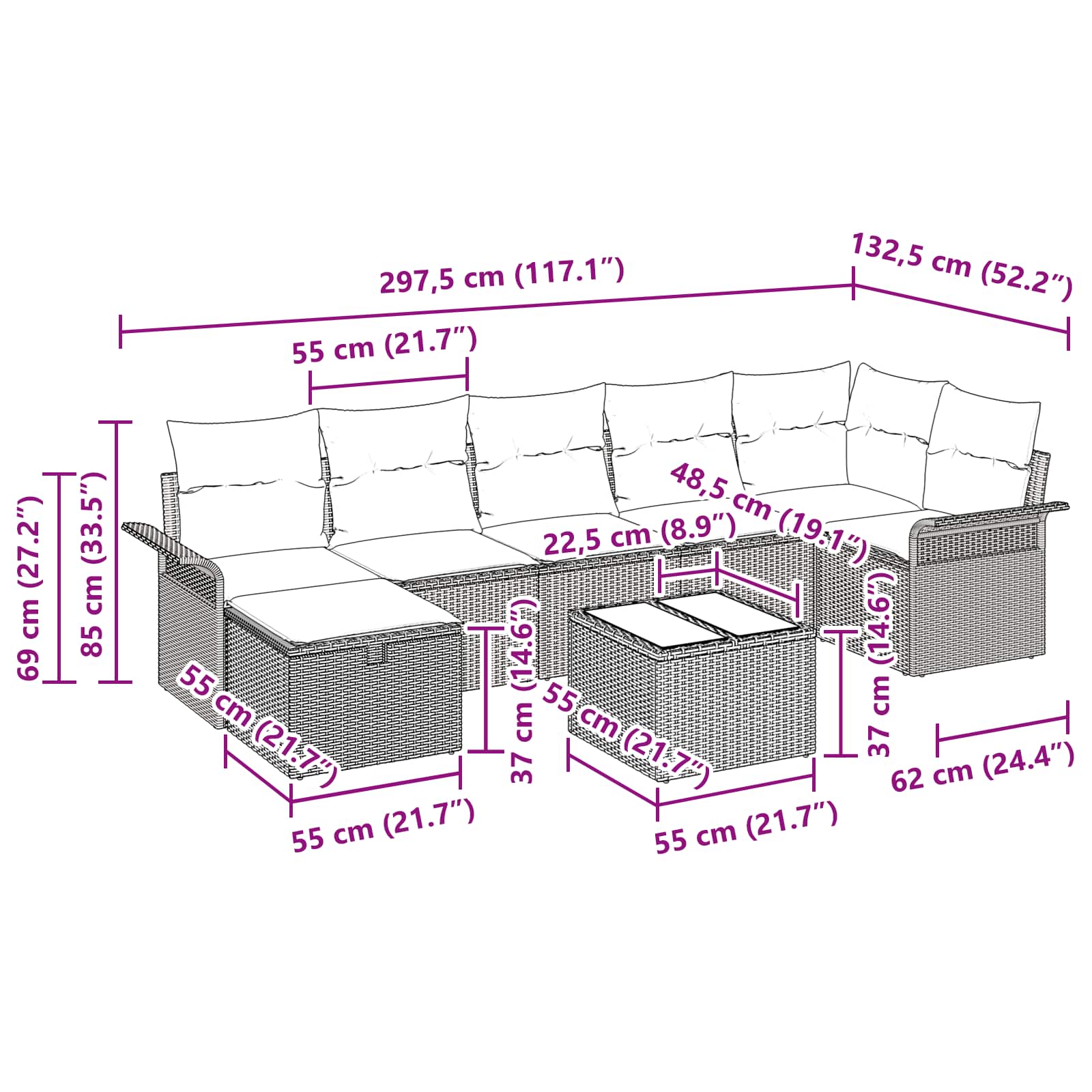 Tuin Sofa Set met kussen 8 pcs Zwart en Turquoise poly rattan