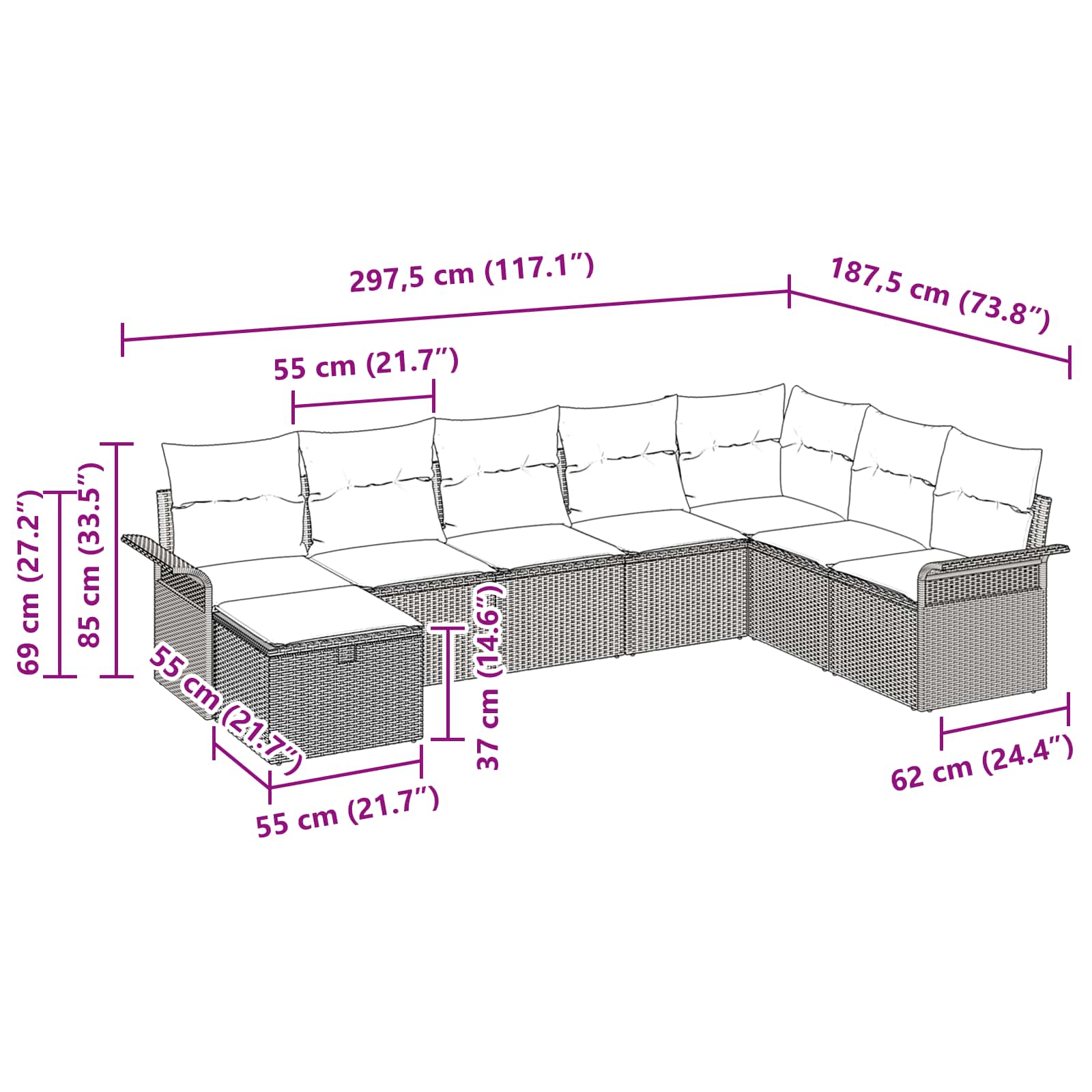 Tuin Sofa Set met kussen 8 pcs Zwart en Turquoise poly rattan