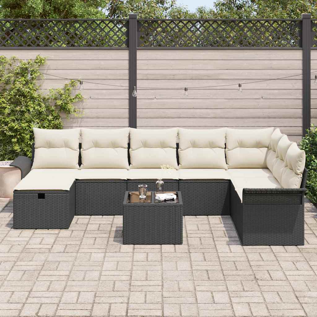 Tuin Sofa Set met kussen 9 pcs Zwart en Crème poly rattan