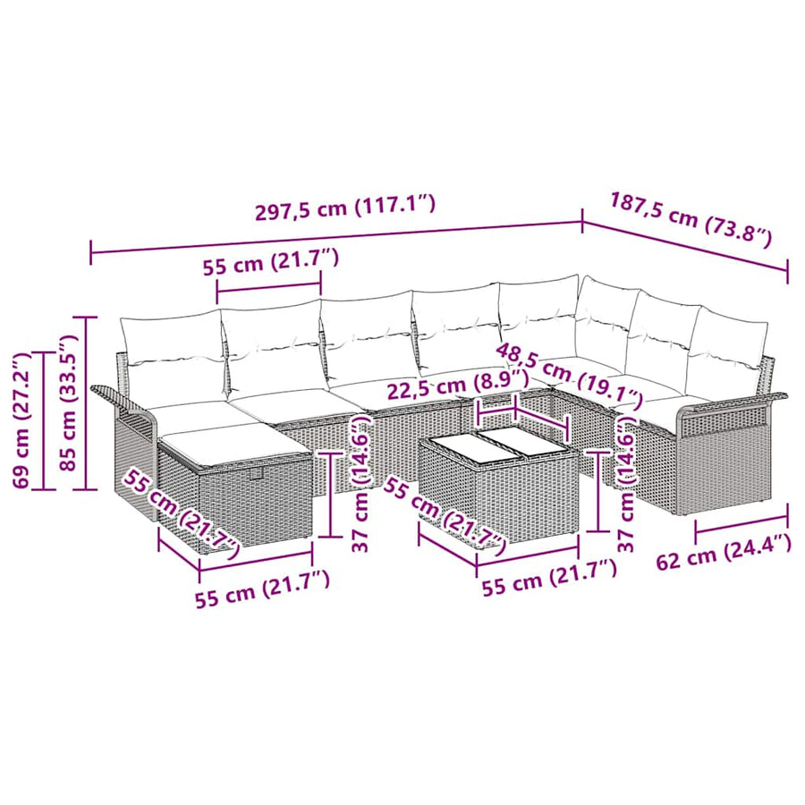 Tuin Sofa Set met kussen 9 pcs Lichtgrijs poly rattan