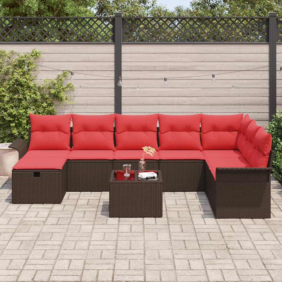 Tuin Sofa Set met kussen 9 pcs Bruin en Rood poly rattan