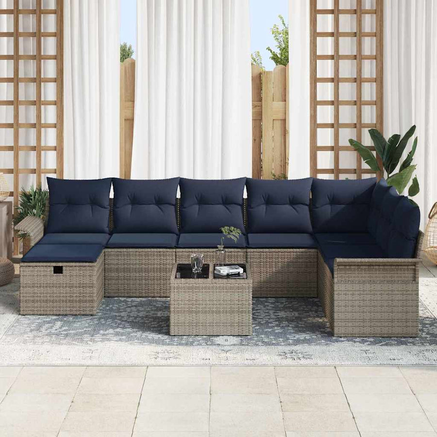 Tuin Sofa Set met kussen 9 pcs Grijs en Marineblauw poly rattan