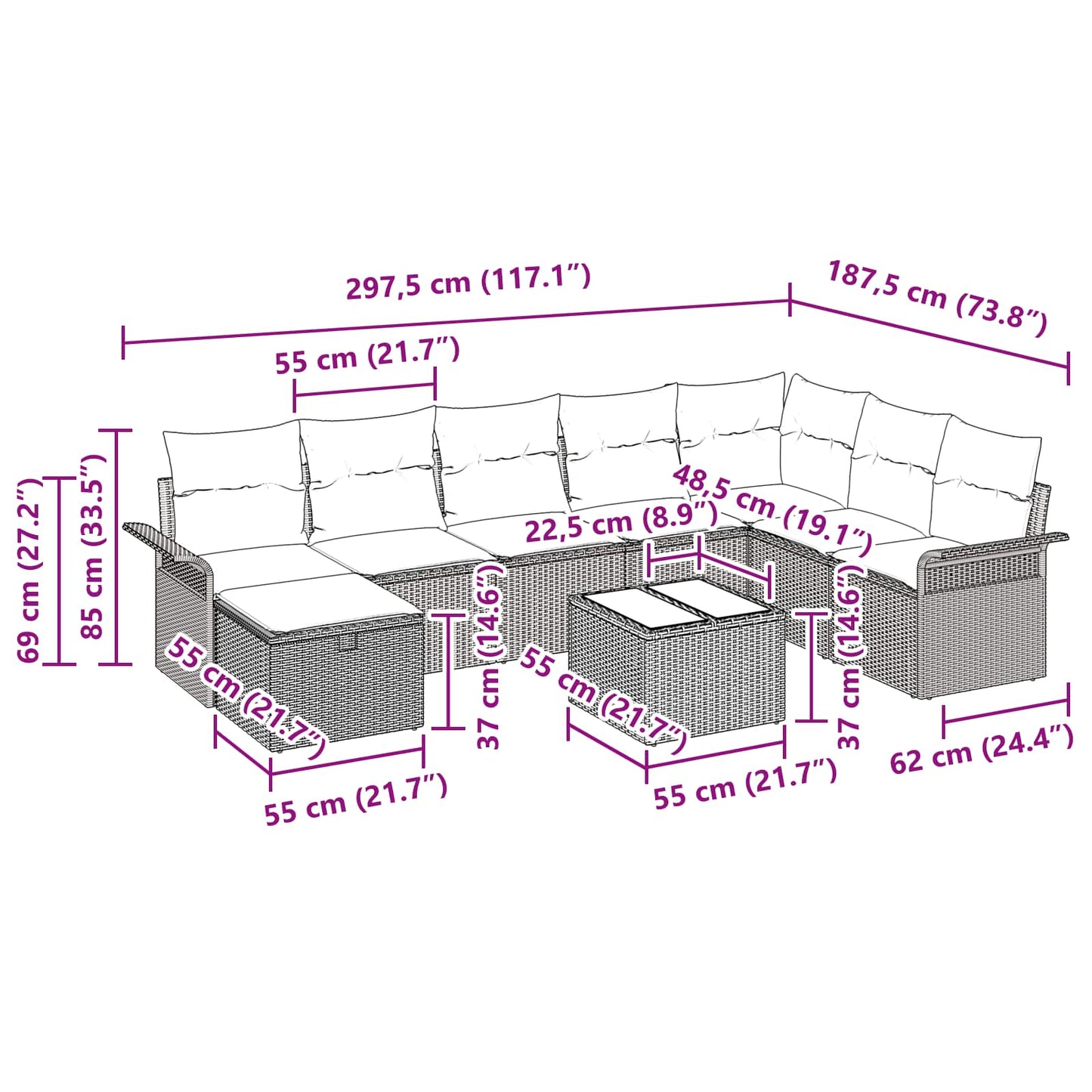 Tuin Sofa Set met kussen 9 pcs Grijs en Marineblauw poly rattan