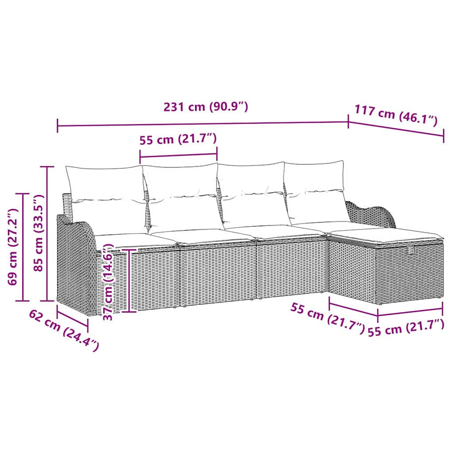 Tuin Sofa Set met kussen 5 pcs Zwart en crème Poly riet