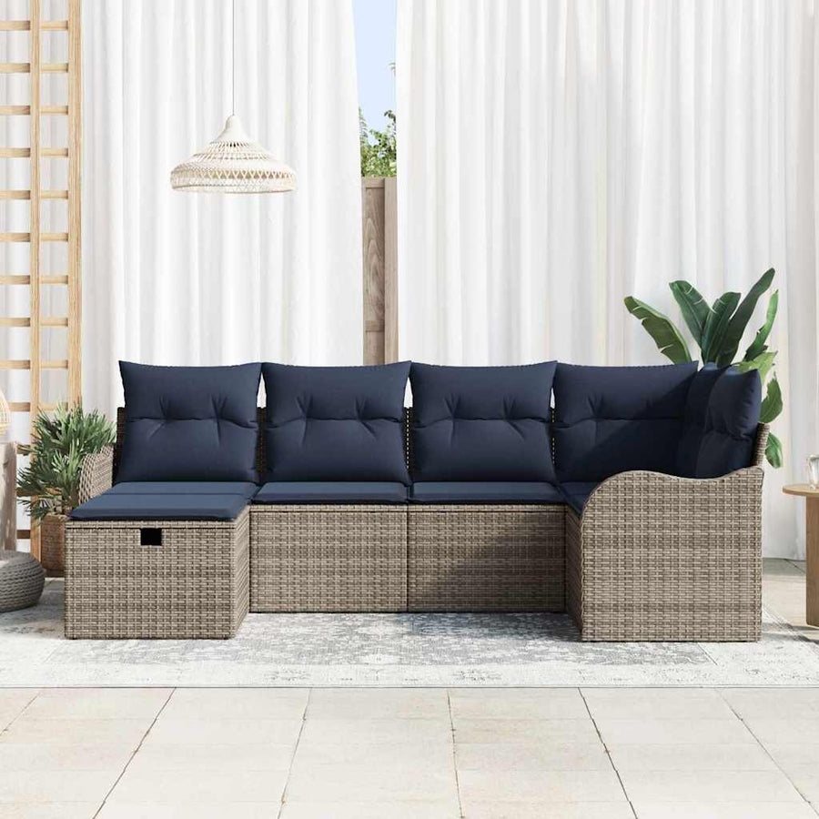 Tuinbankenset 6 st Grijs en Marineblauw poly rattan