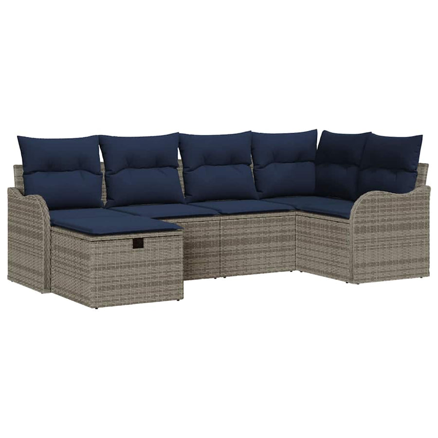 Tuinbankenset 6 st Grijs en Marineblauw poly rattan