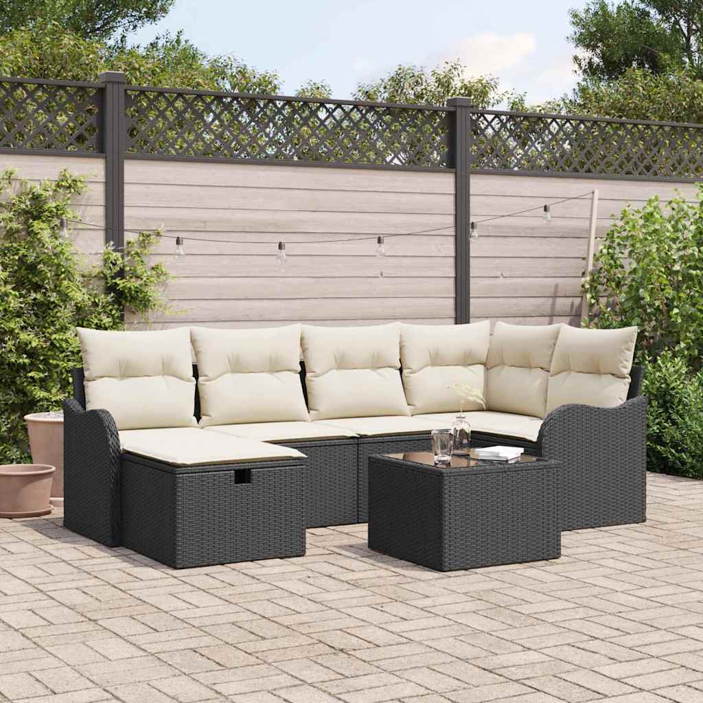 Tuin Sofa Set met kussen 7 pcs Zwart en crème Poly riet