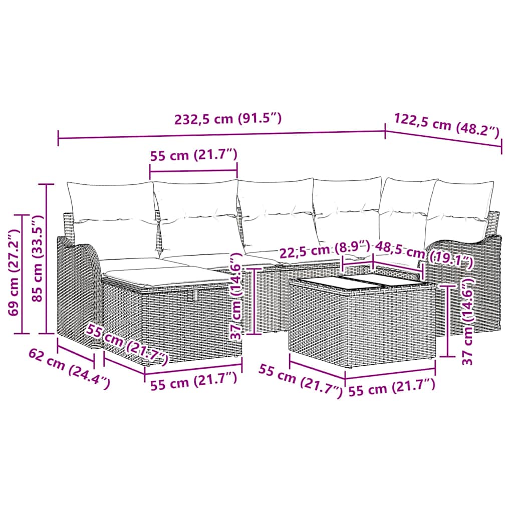 Tuin Sofa Set met kussen 7 pcs Zwart en crème Poly riet
