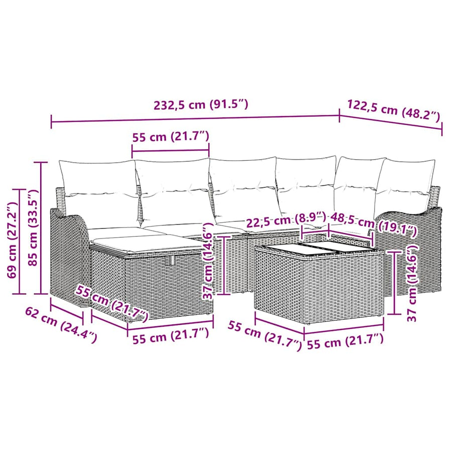 Tuin Sofa Set met kussen 7 pcs Zwart en crème Poly riet