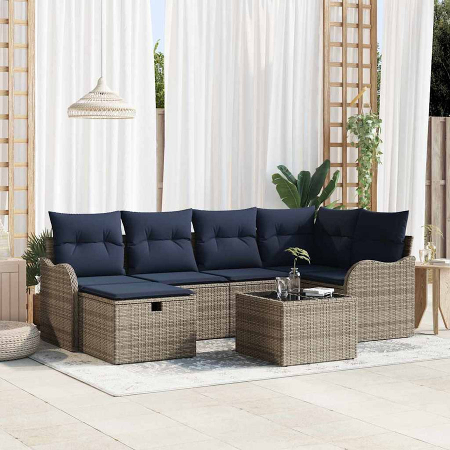 Tuinbankenset 7 st Grijs en Marineblauw poly rattan