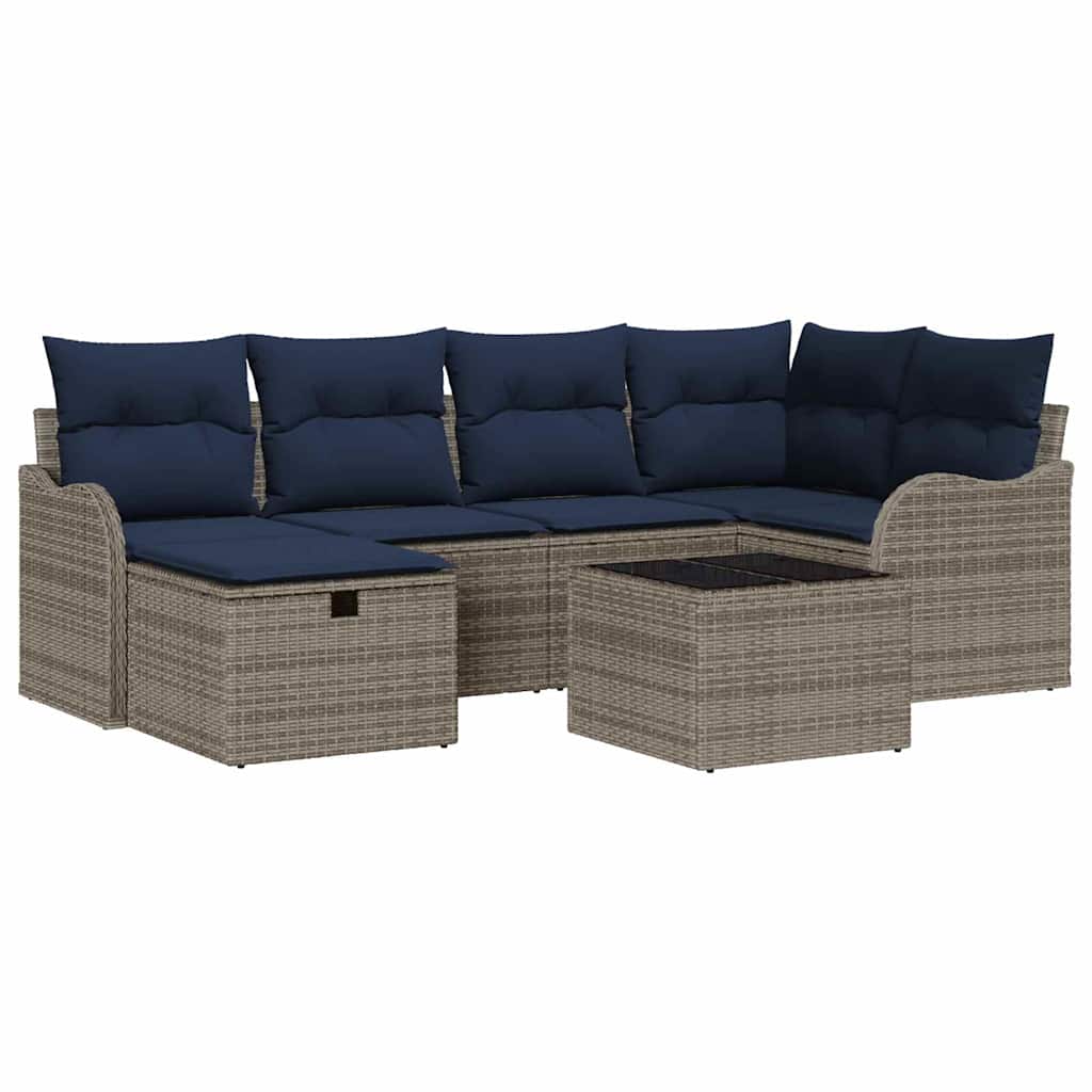 Tuinbankenset 7 st Grijs en Marineblauw poly rattan
