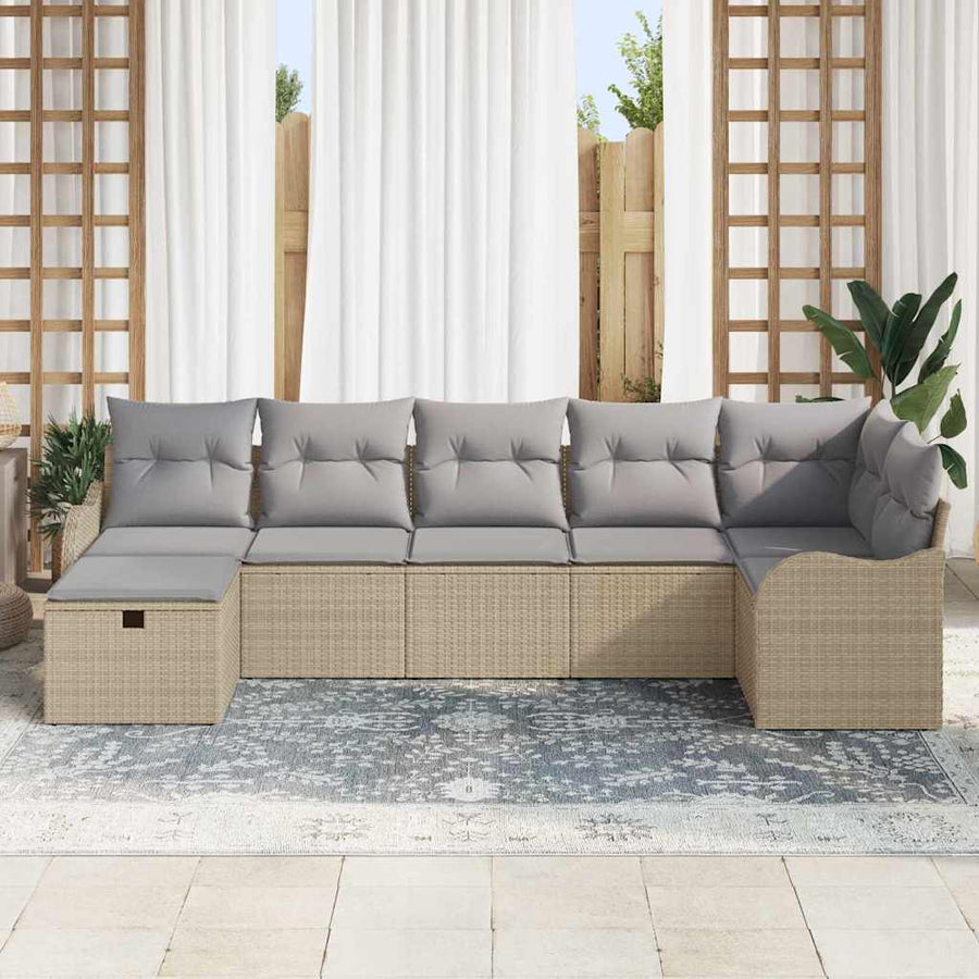 Bankstel met kussen 7 pcs Beige en Licht Grijs poly rattan