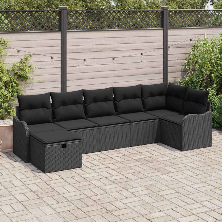 Bankstel met kussen met opslag 7 pcs Zwart poly rattan