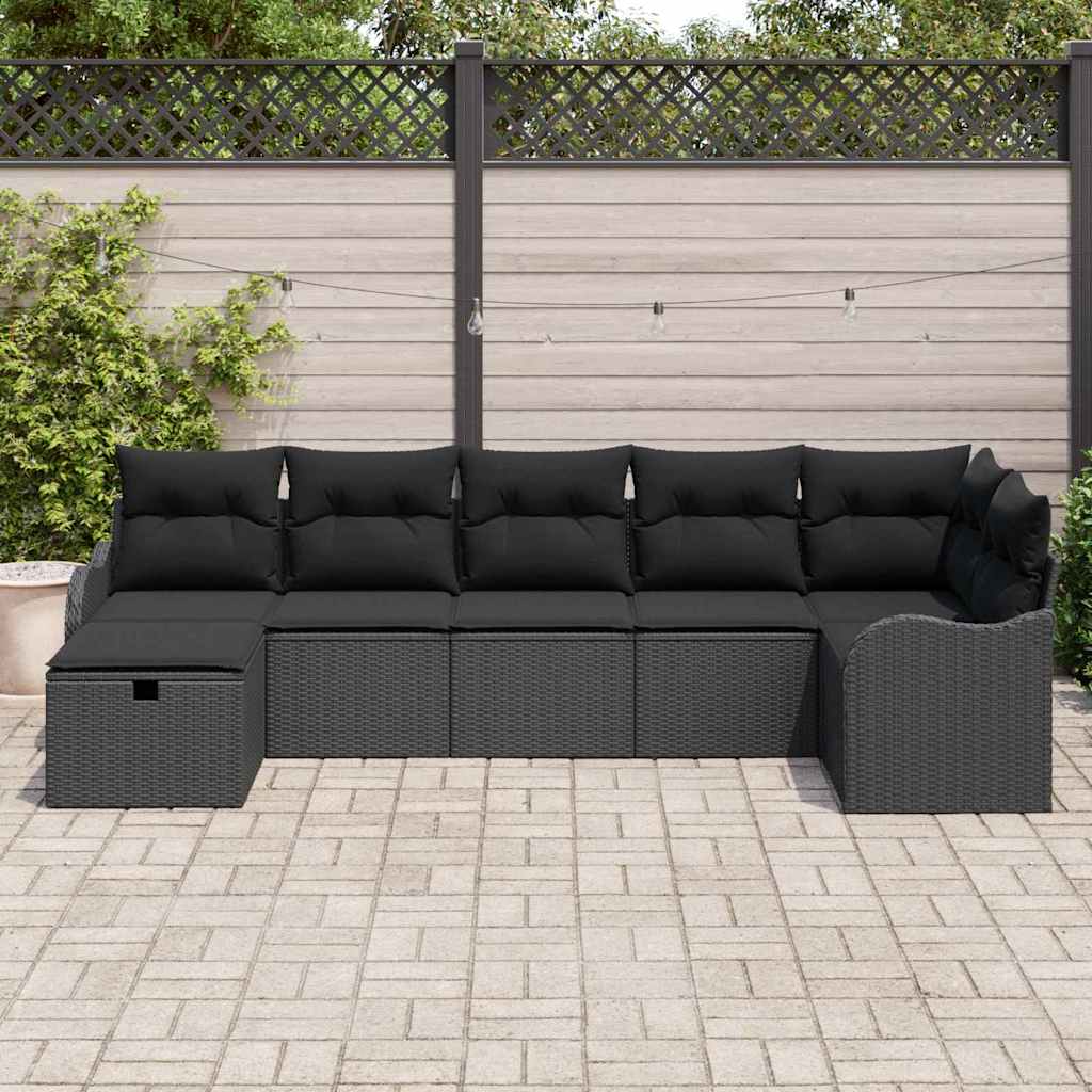 Bankstel met kussen met opslag 7 pcs Zwart poly rattan