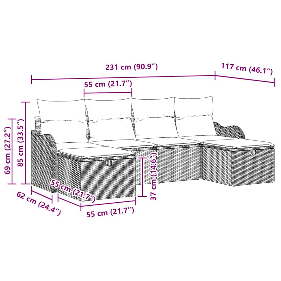 Bankstel met kussen met opslag 6 pcs Zwart en Crème poly rattan