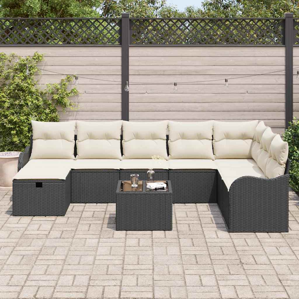 Bankstel met kussen met opslag 9 pcs Zwart en Crème poly rattan