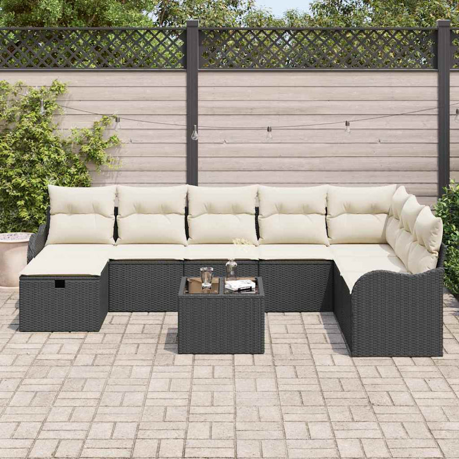 Bankstel met kussen met opslag 9 pcs Zwart en Crème poly rattan