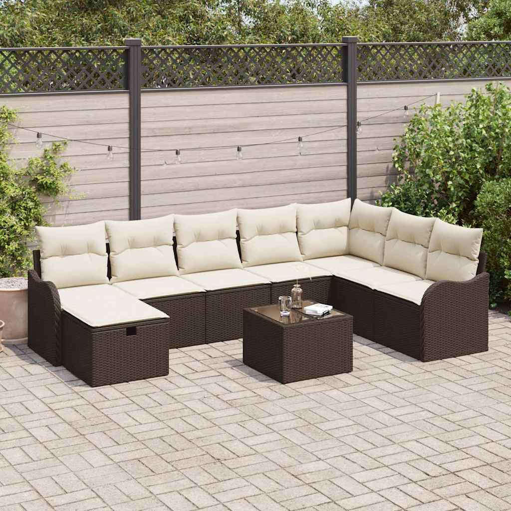 Bankstel met kussen met opslag 9 pcs Bruin en Crème poly rattan