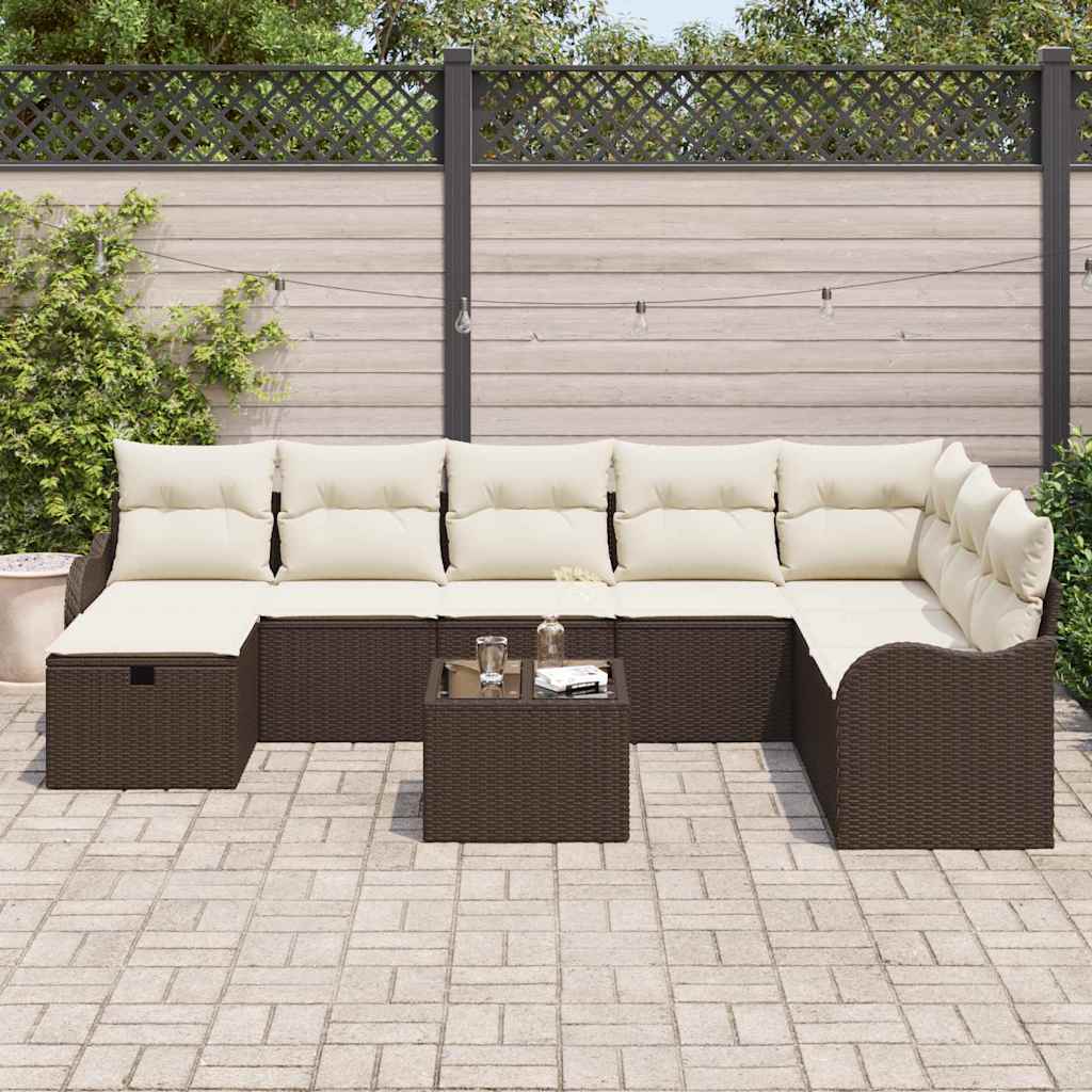 Bankstel met kussen met opslag 9 pcs Bruin en Crème poly rattan