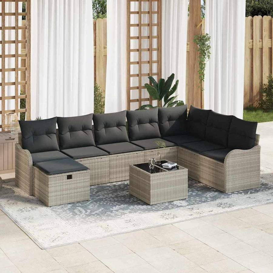 Bankstel met kussen met opslag 9 pcs Lichtgrijs poly rattan