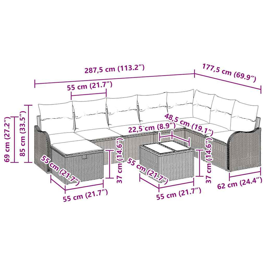 Bankstel met kussen met opslag 9 pcs Lichtgrijs poly rattan