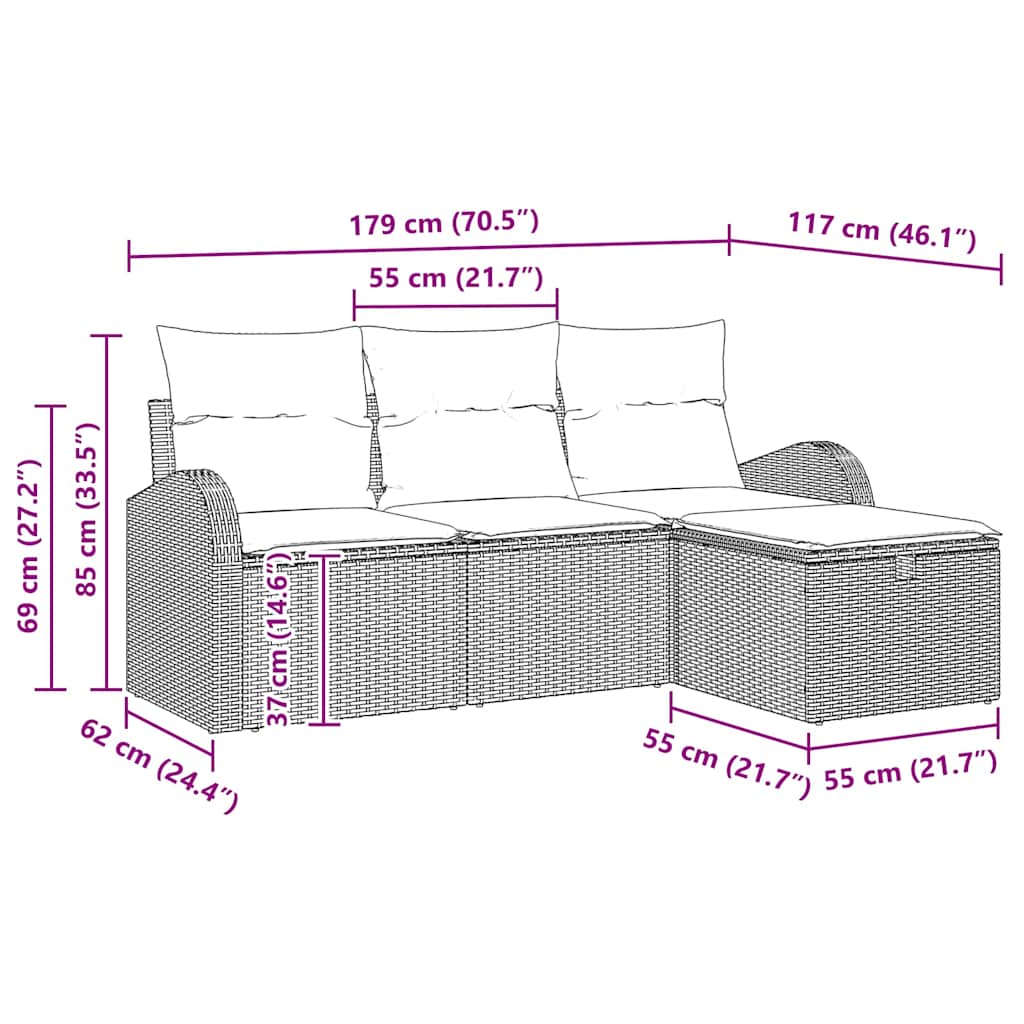 Bankstel met kussen 4 pcs Beige en Licht Grijs poly rattan