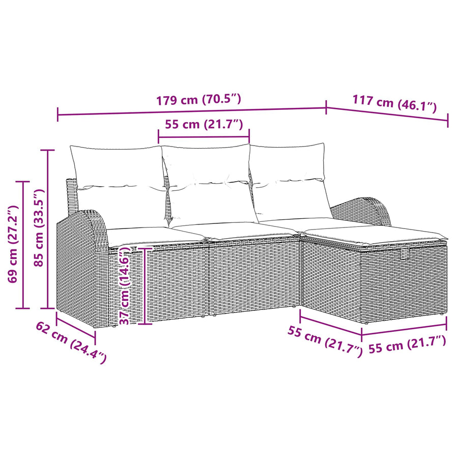 Bankstel met kussen met opslag 4 pcs Bruin en Rood poly rattan