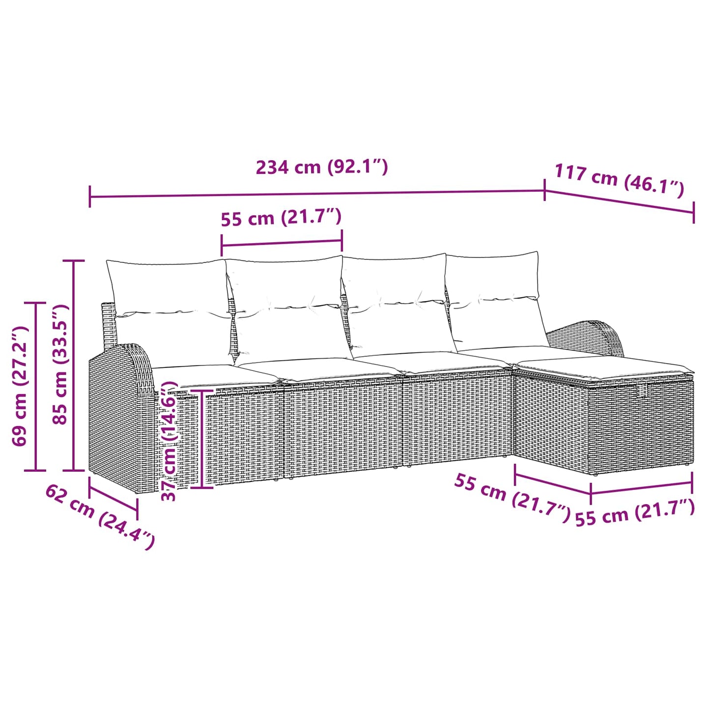 Bankstel met kussen met opslag 5 pcs Bruin en Rood poly rattan