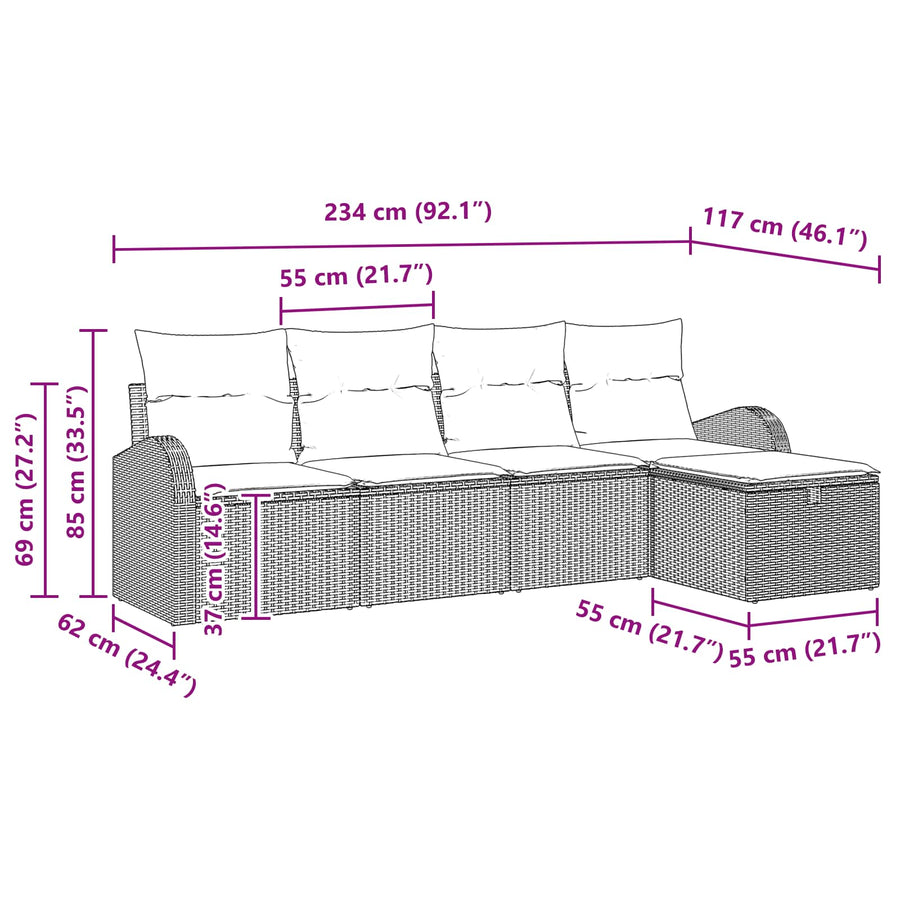 Bankstel met kussen met opslag 5 pcs Bruin en Rood poly rattan