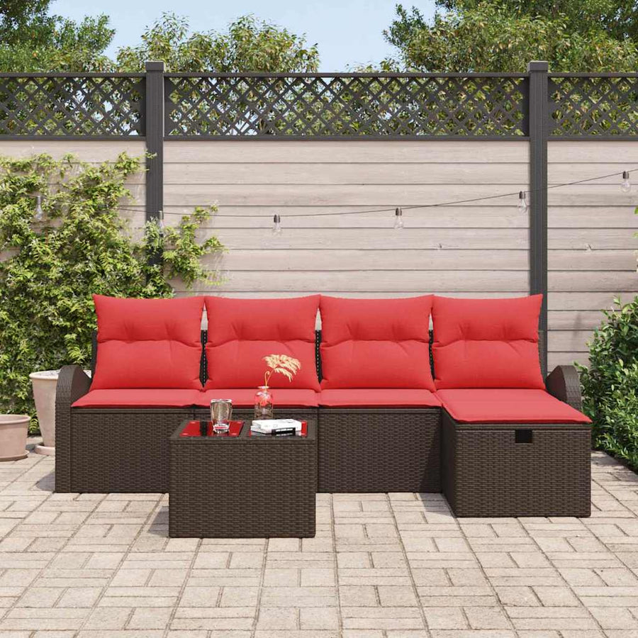 Bankstel met kussen met opslag Bruin en Rood poly rattan