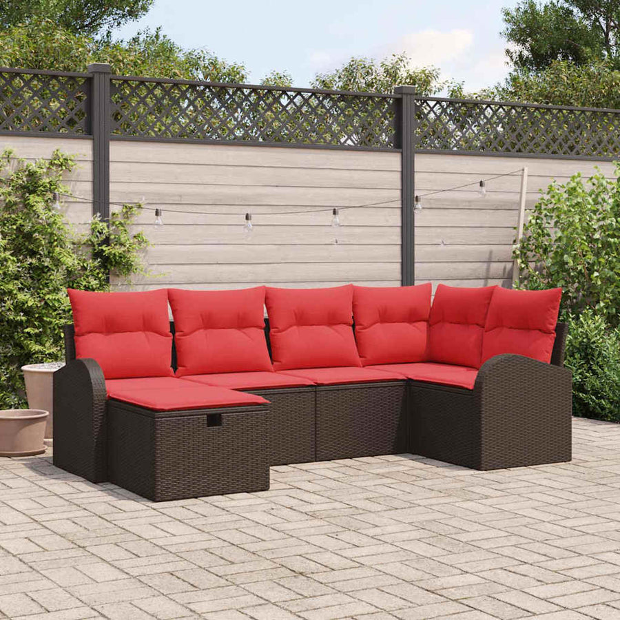 Bankstel met kussen met opslag 6 pcs Bruin en Rood poly rattan