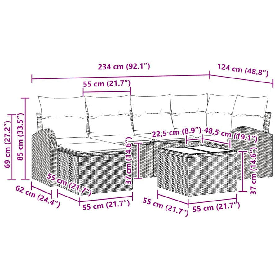 Bankstel met kussen met opslag 7 pcs Zwart en Crème poly rattan