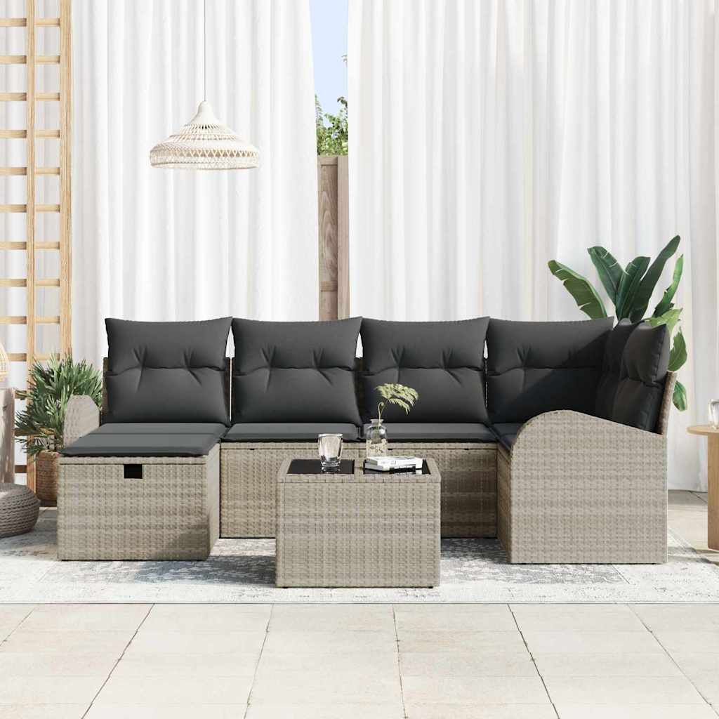 Bankstel met kussen met opslag 7 pcs Lichtgrijs poly rattan