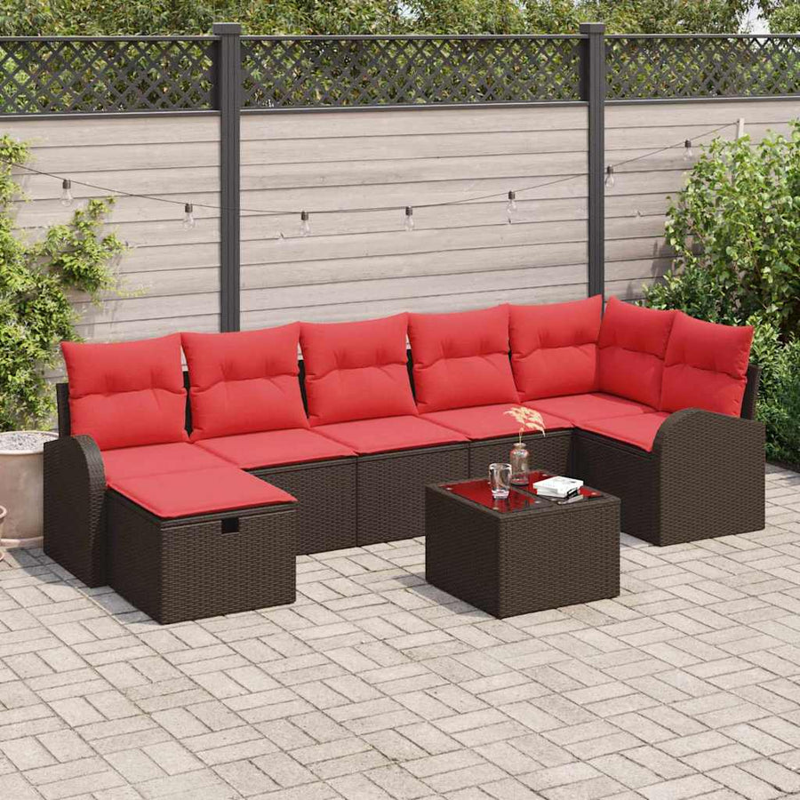 Bankstel met kussen met opslag 8 pcs Bruin en Rood poly rattan