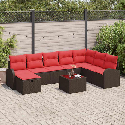 Bankstel met kussen met opslag 9 pcs Bruin en Rood poly rattan